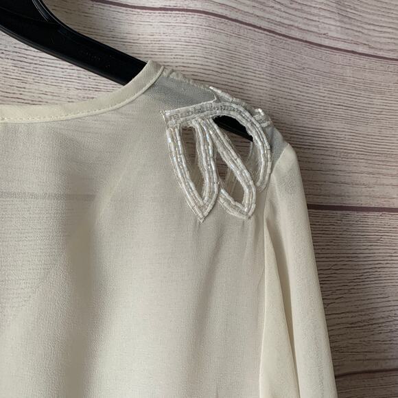 Sweet Rain Off-White Blouse with Beaded Cutout Shoulders V-Neck 3/4 Sleeves - Picture 12 of 16